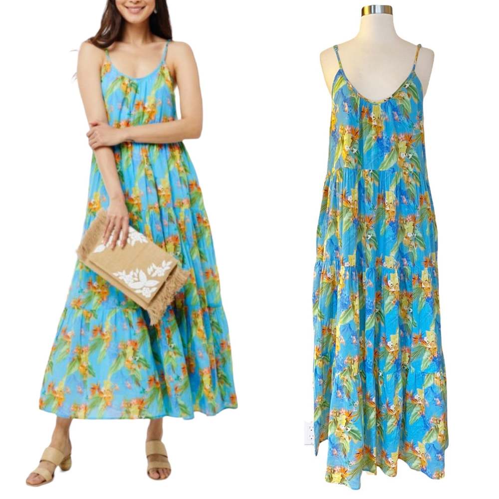 ROLLER RABBIT Dakota Maxi Dress Floral Caprice Blue Sleeveless Cotton Large NWT